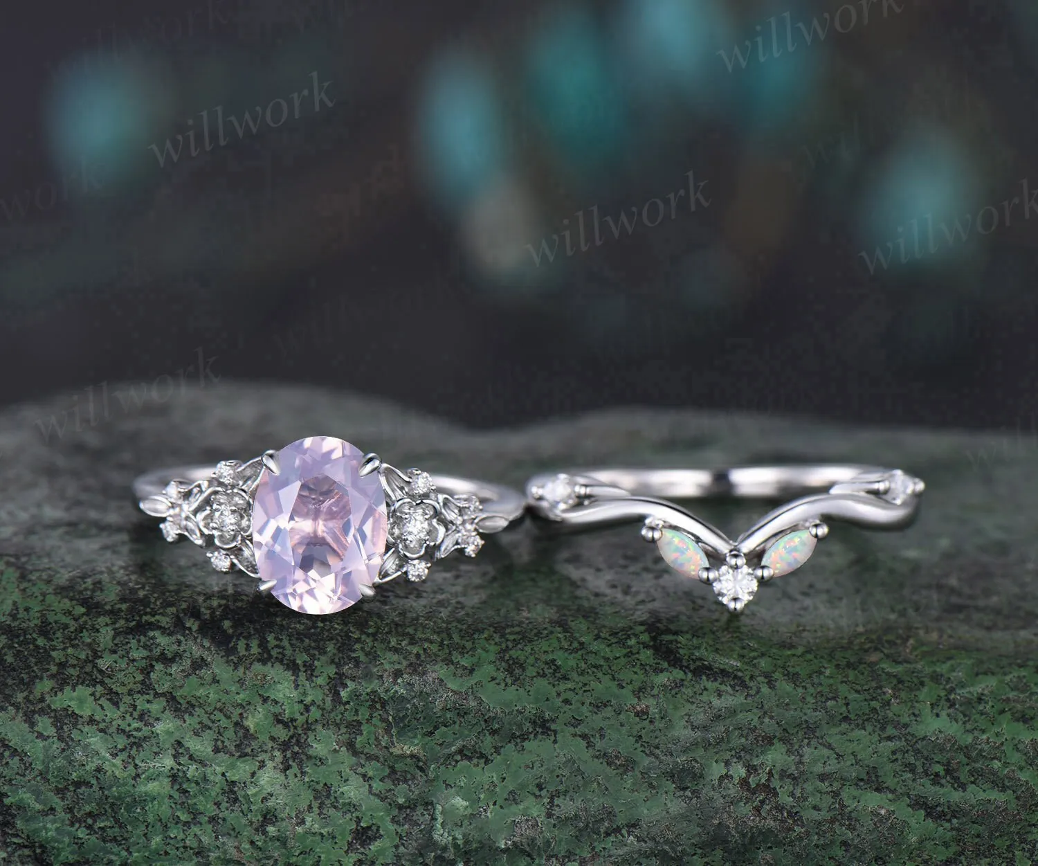 Vintage oval cut Lavender Amethyst engagement ring leaf floral 14k white gold diamond opal ring art deco wedding promise ring set women gift sold by Willwork Jewelry product image thumbnail 2