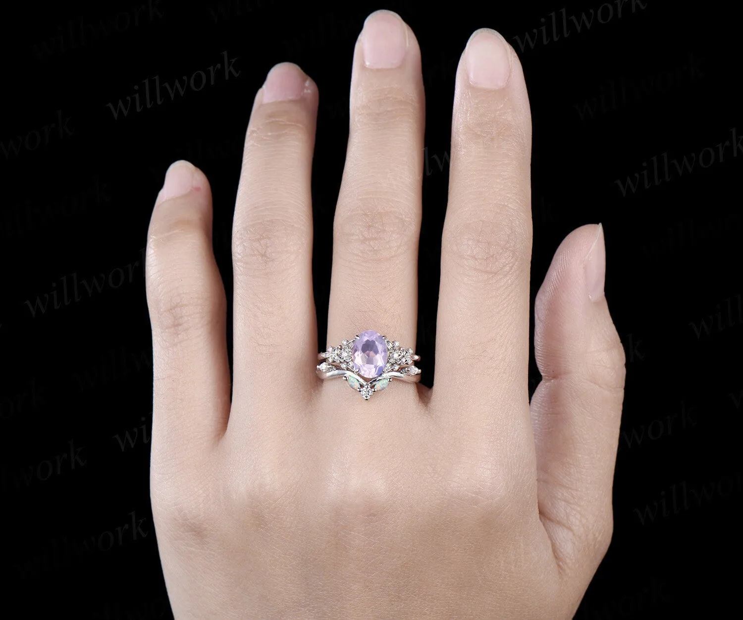Vintage oval cut Lavender Amethyst engagement ring leaf floral 14k white gold diamond opal ring art deco wedding promise ring set women gift sold by Willwork Jewelry product image thumbnail 3
