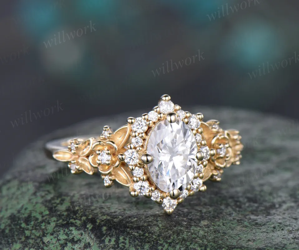 1ct oval cut moissanite engagement ring yellow gold snowdrift halo floral leaf diamond ring vintage art deco wedding promise ring women gift sold by Willwork Jewelry