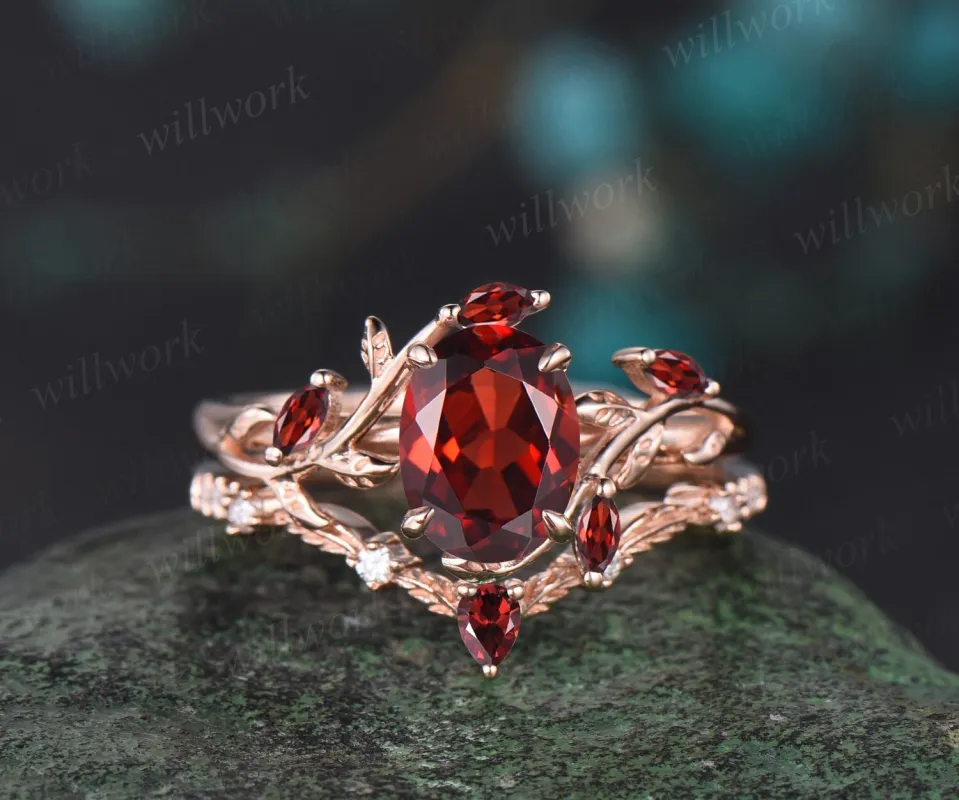 Vintage oval cut red garnet engagement ring rose gold art deco cluster leaf nature inspired bridal promise wedding ring set women gift sold by Willwork Jewelry