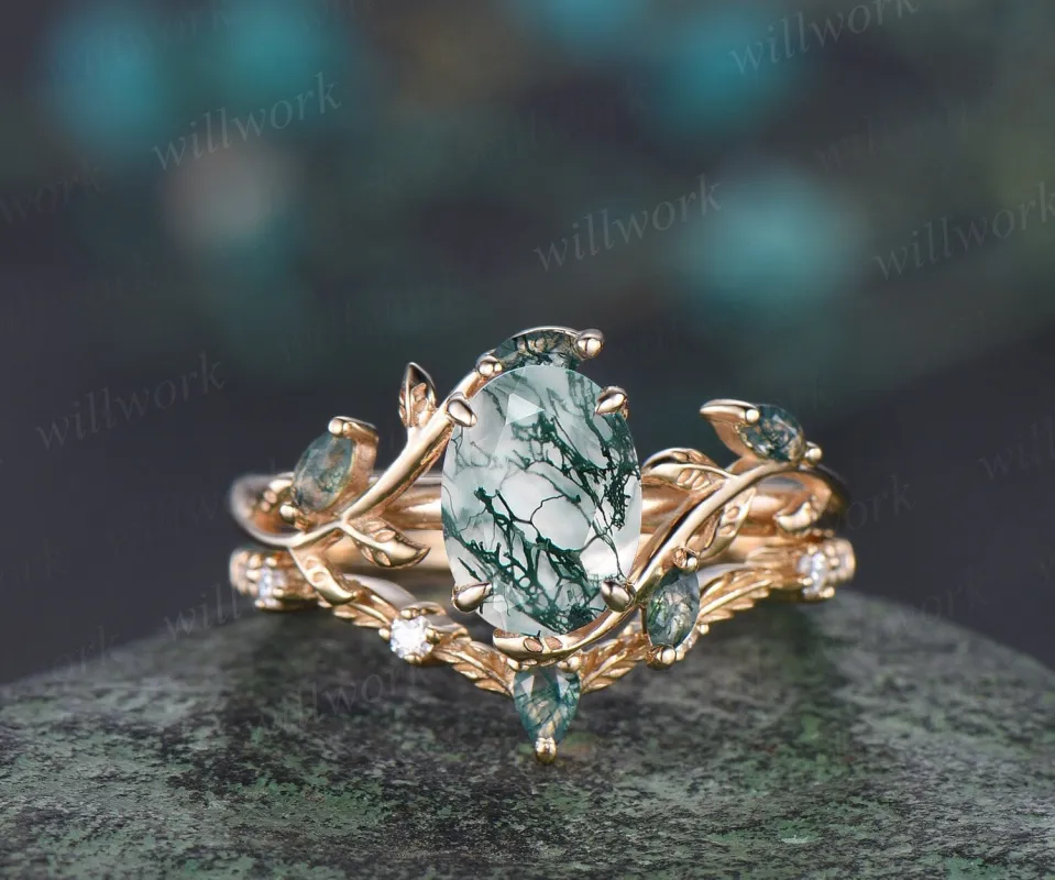 Vintage oval cut green moss agate engagement ring yellow gold art deco cluster leaf nature inspired bridal promise wedding ring set women sold by Willwork Jewelry