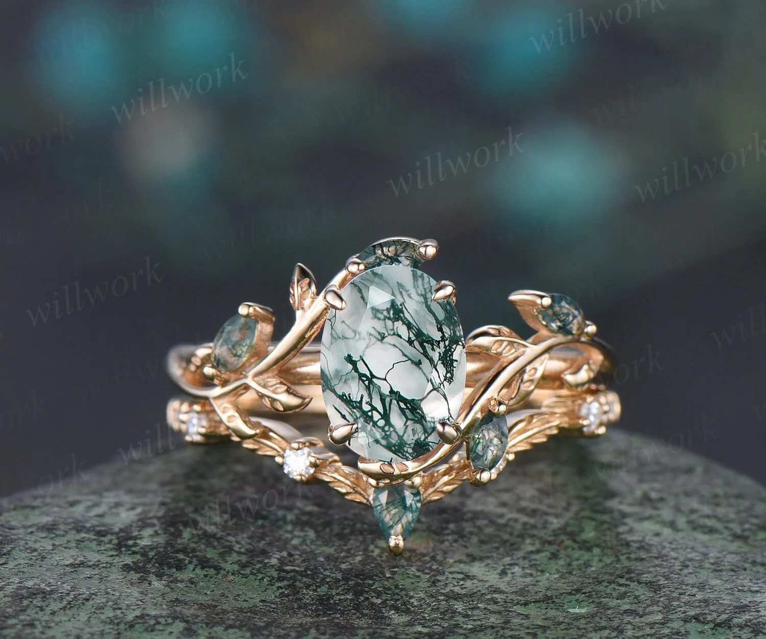Vintage oval cut green moss agate engagement ring yellow gold art deco cluster leaf nature inspired bridal promise wedding ring set women sold by Willwork Jewelry