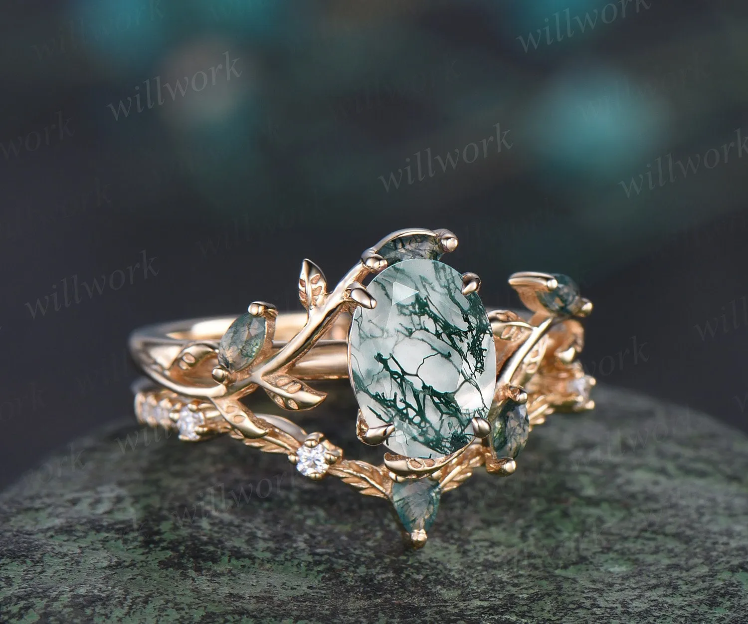 Vintage oval cut green moss agate engagement ring yellow gold art deco cluster leaf nature inspired bridal promise wedding ring set women sold by Willwork Jewelry product image thumbnail 2