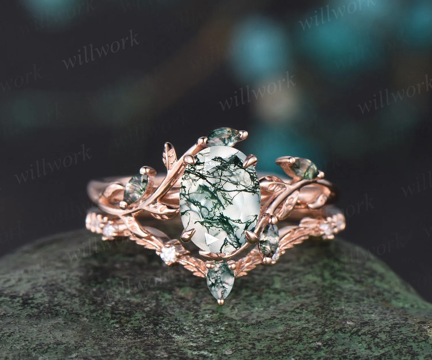 Vintage oval cut green moss agate engagement ring yellow gold art deco cluster leaf nature inspired bridal promise wedding ring set women sold by Willwork Jewelry product image thumbnail 4