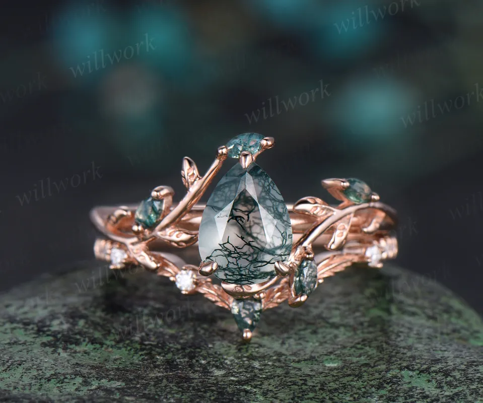 Vintage pear cut green moss agate engagement ring rose gold art deco cluster leaf nature inspired bridal promise wedding ring set women made by Willwork Jewelry