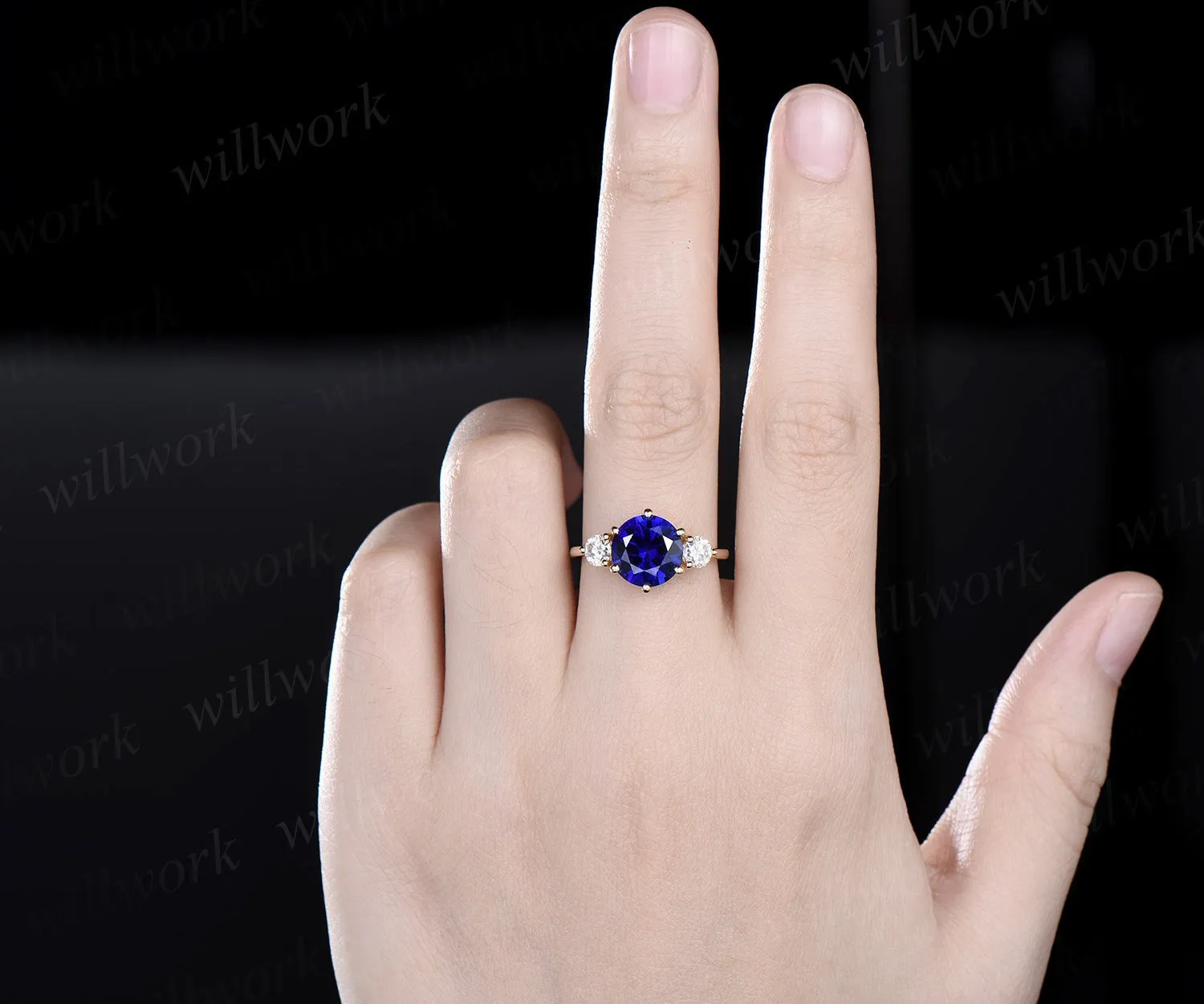 Round cut blue sapphire engagement ring solid 14k yellow gold three stone moissanite ring women bridal promise wedding ring gift sold by Willwork Jewelry product image thumbnail 2