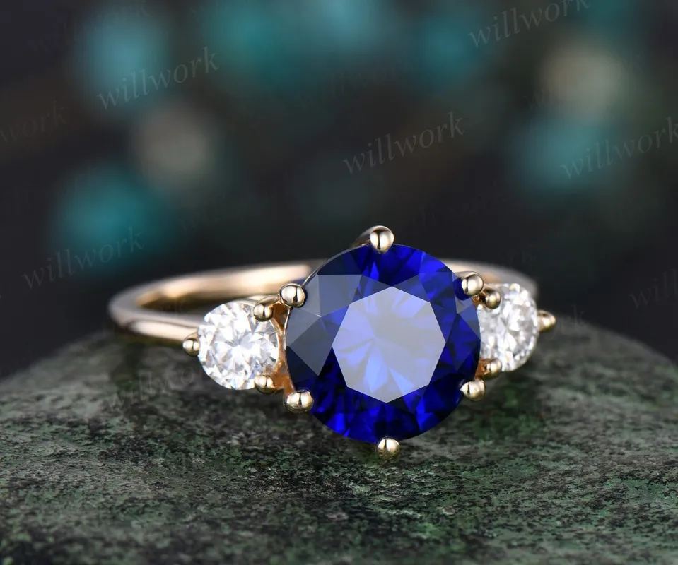 Round cut blue sapphire engagement ring solid 14k yellow gold three stone moissanite ring women bridal promise wedding ring gift sold by Willwork Jewelry
