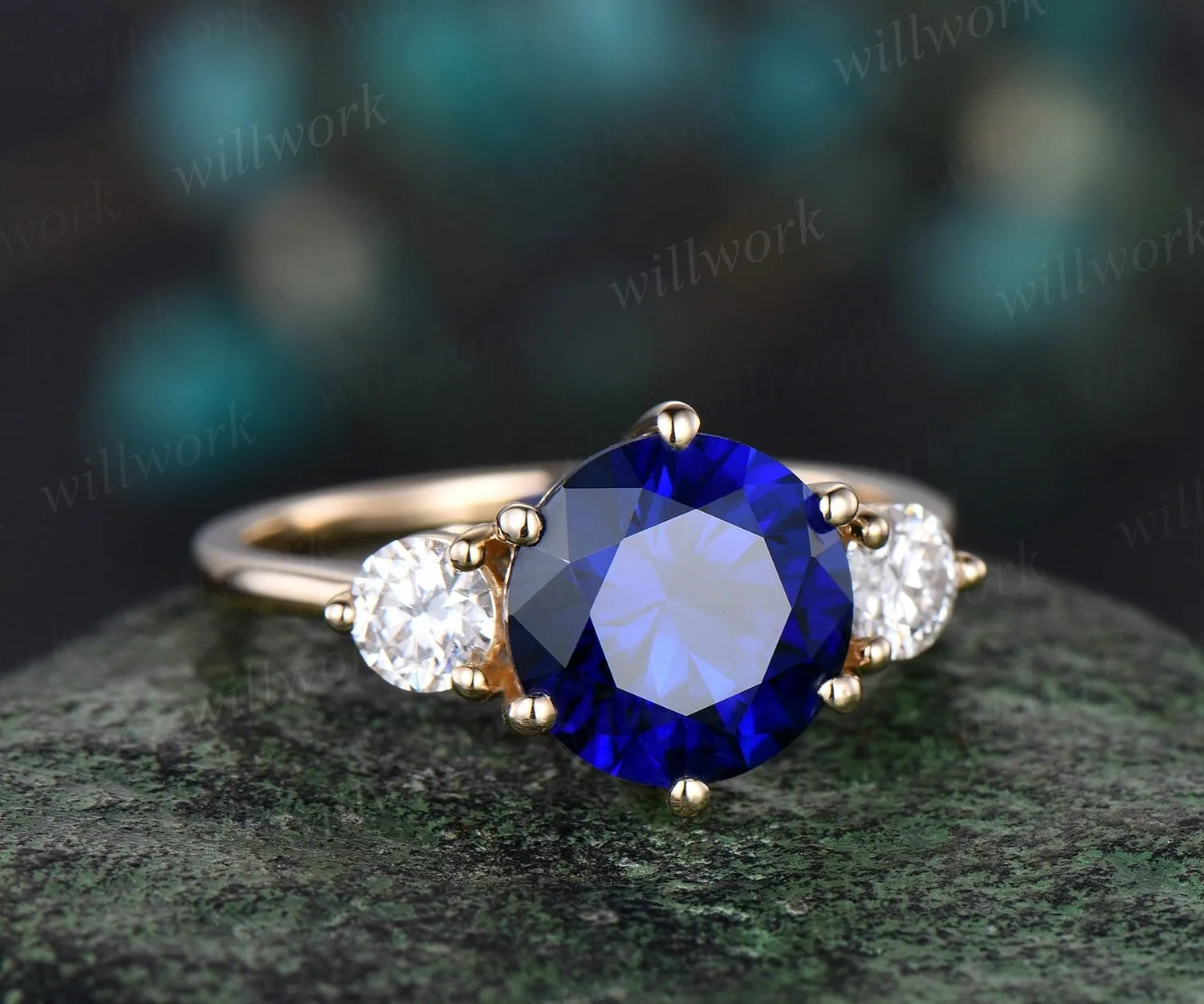 Round cut blue sapphire engagement ring solid 14k yellow gold three stone moissanite ring women bridal promise wedding ring gift sold by Willwork Jewelry
