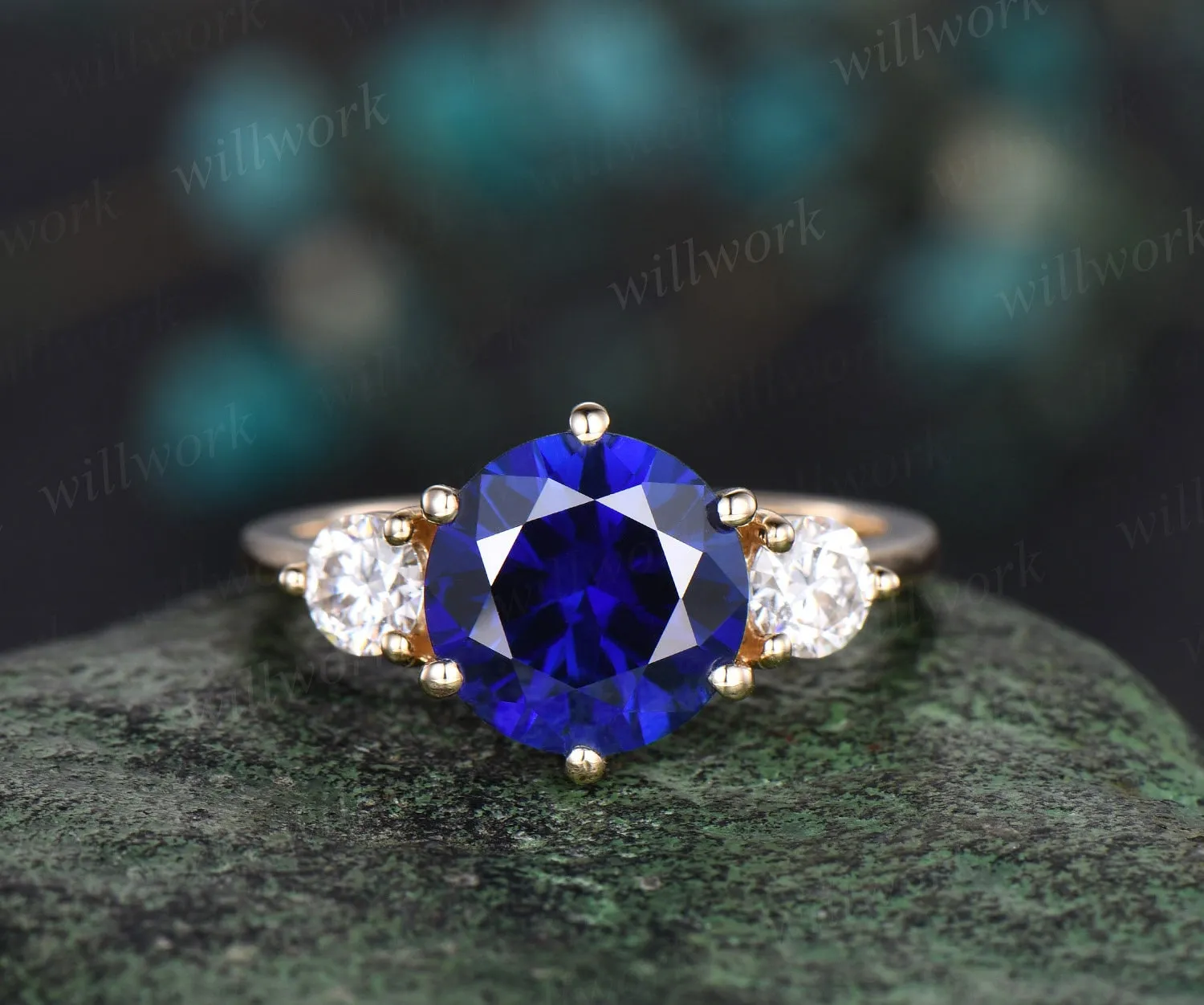 Round cut blue sapphire engagement ring solid 14k yellow gold three stone moissanite ring women bridal promise wedding ring gift sold by Willwork Jewelry product image thumbnail 3