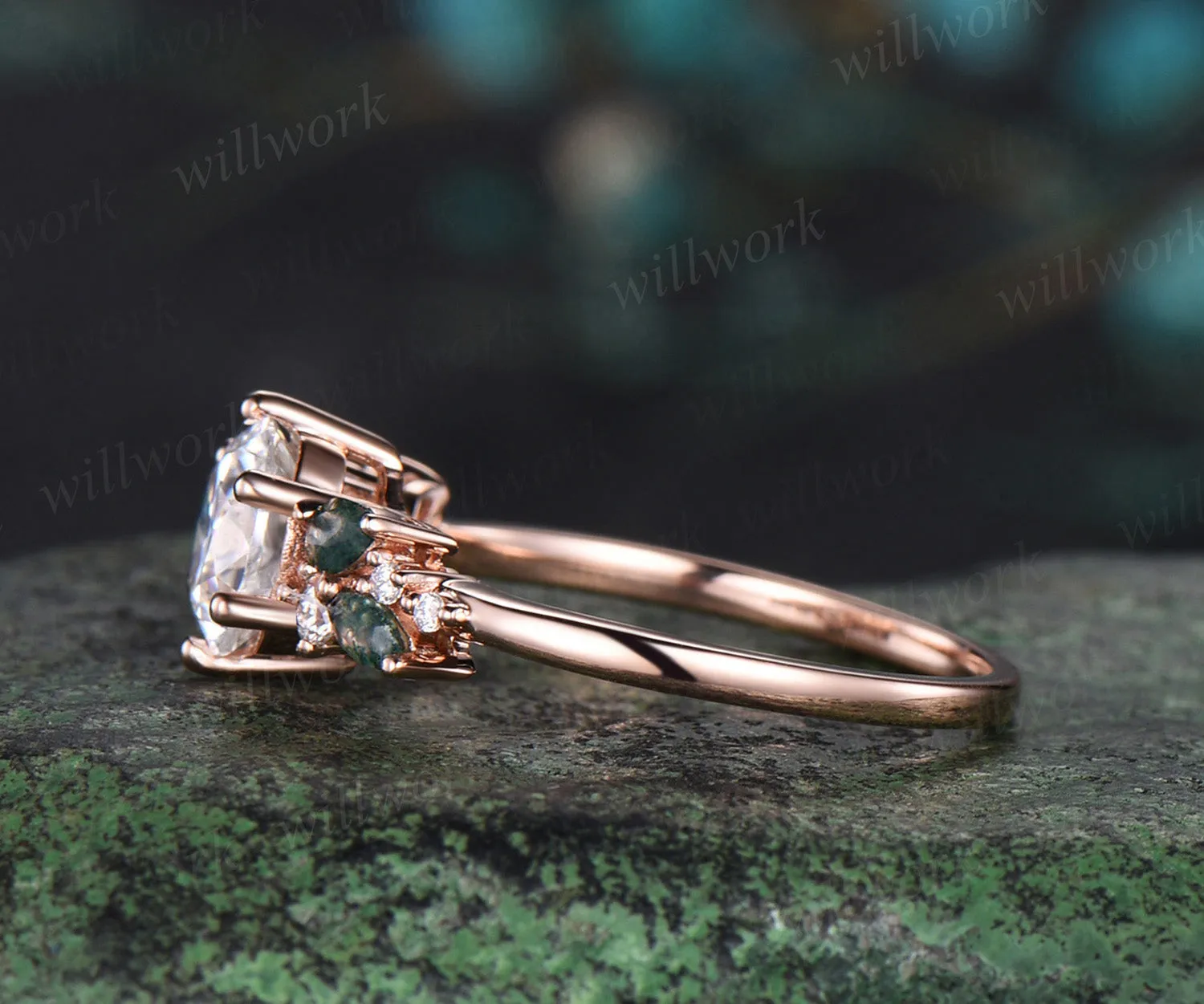 1ct Round cut moissanite engagement ring rose gold 6 prong snowdrift moss agate diamond anniversary promise ring women sold by Willwork Jewelry product image thumbnail 4