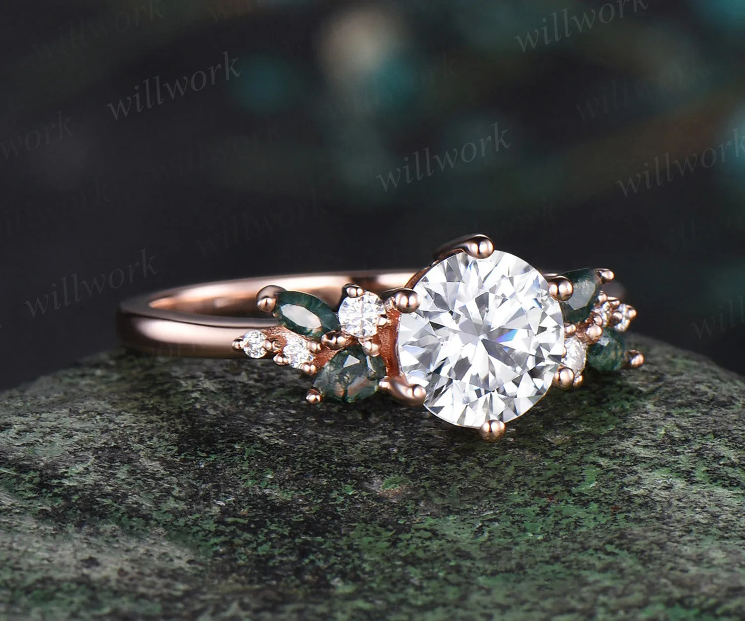 1ct Round cut moissanite engagement ring rose gold 6 prong snowdrift moss agate diamond anniversary promise ring women sold by Willwork Jewelry product image thumbnail 2