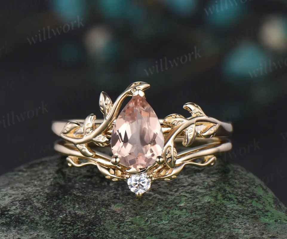 Pear shaped morganite Engagement Ring Solitaire leaf nature inspired solid 14k yellow gold wedding bridal ring set women jewelry sold by Willwork Jewelry