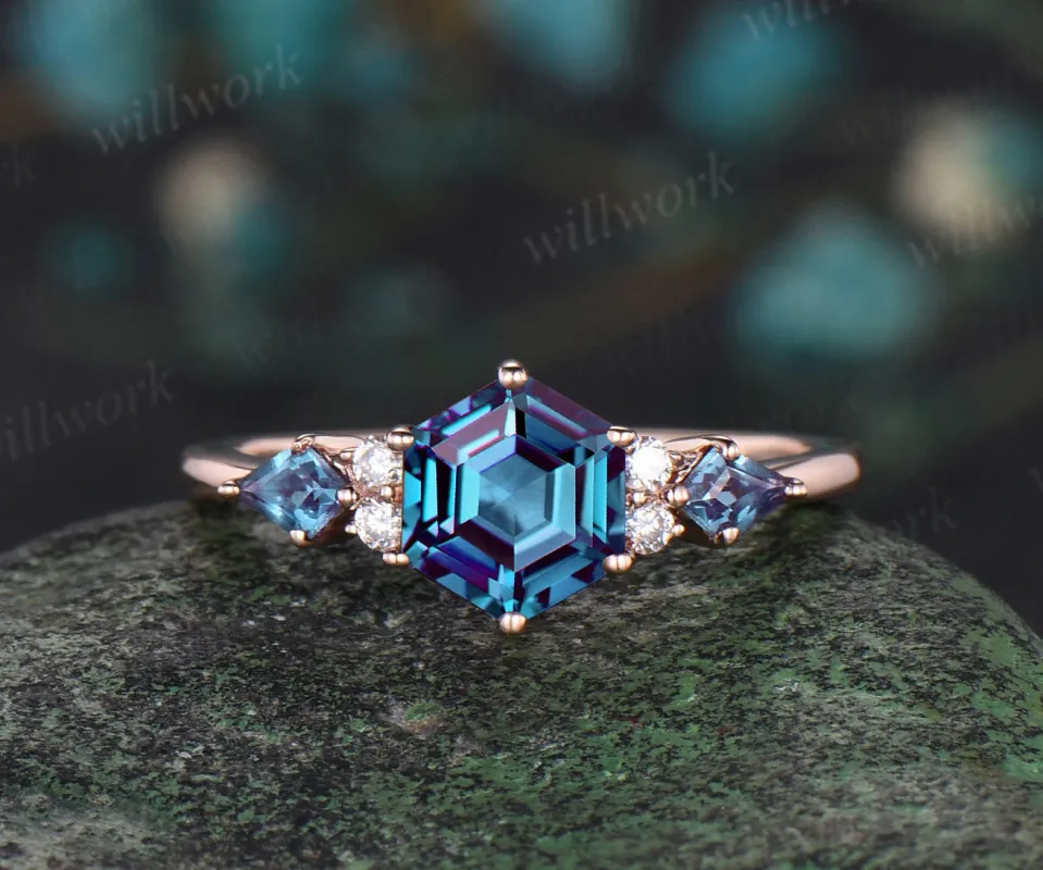 Hexagon cut Alexandrite engagement ring solid kite 6 prong 14k rose gold diamond ring unique promise wedding ring women sold by Willwork Jewelry