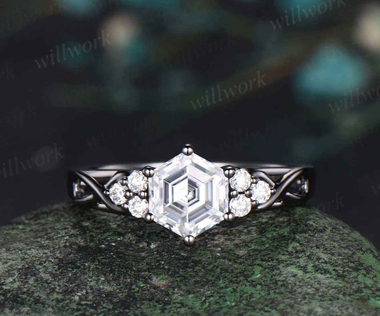 Hexagon cut moissanite engagement ring black gold 6 prong infinity twisted diamond ring women antique promise wedding ring jewelry sold by Willwork Jewelry