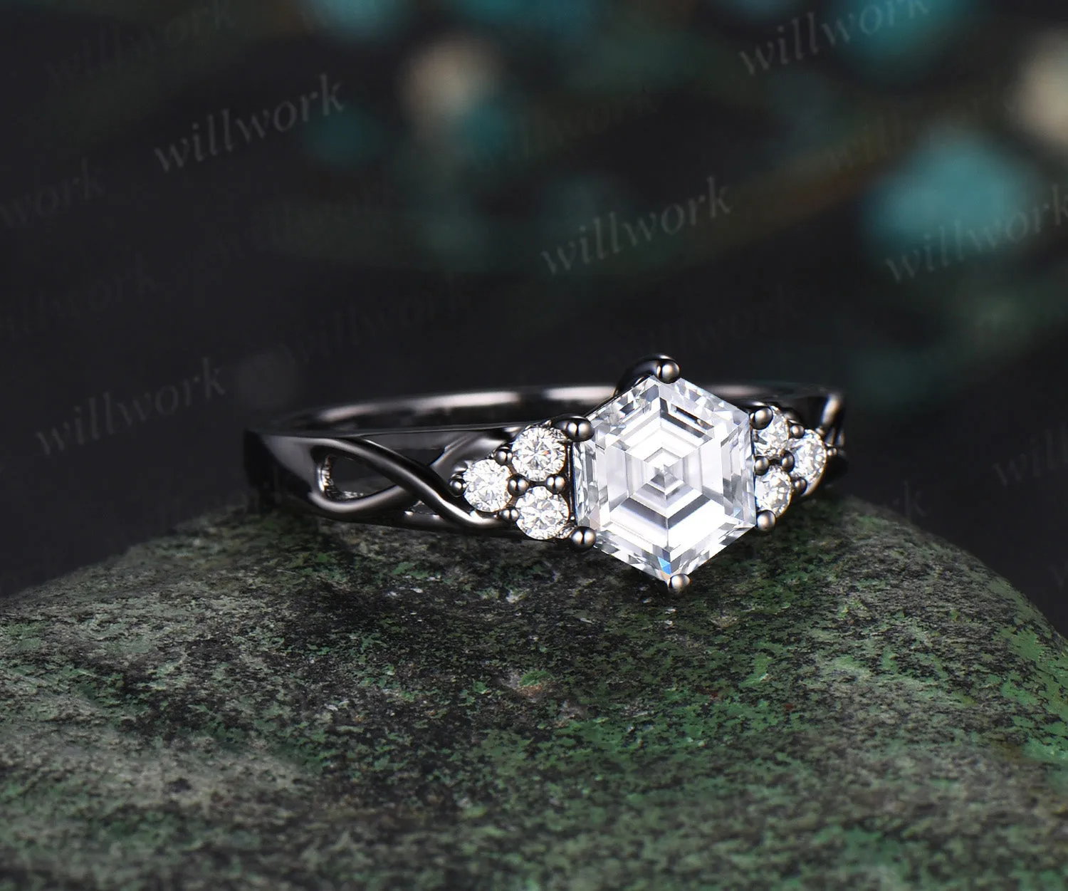 Hexagon cut moissanite engagement ring black gold 6 prong infinity twisted diamond ring women antique promise wedding ring jewelry sold by Willwork Jewelry product image thumbnail 3
