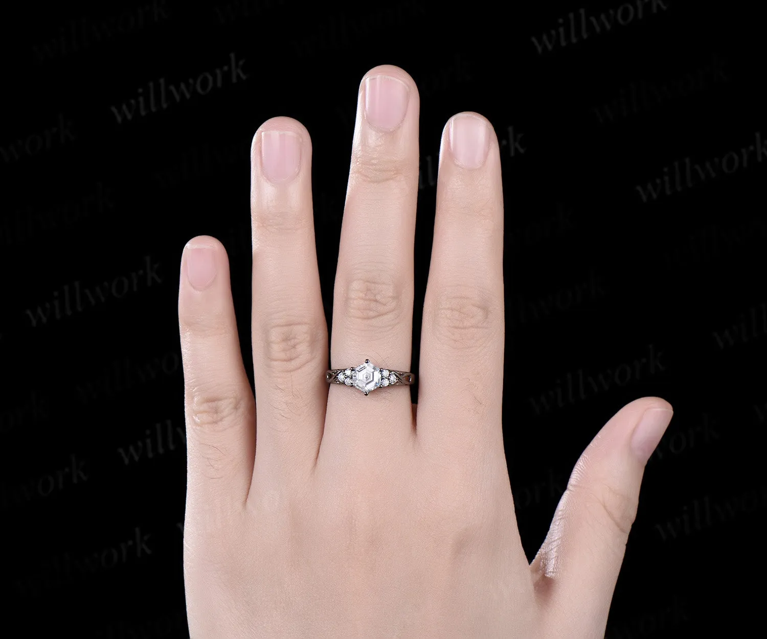 Hexagon cut moissanite engagement ring black gold 6 prong infinity twisted diamond ring women antique promise wedding ring jewelry sold by Willwork Jewelry product image thumbnail 2