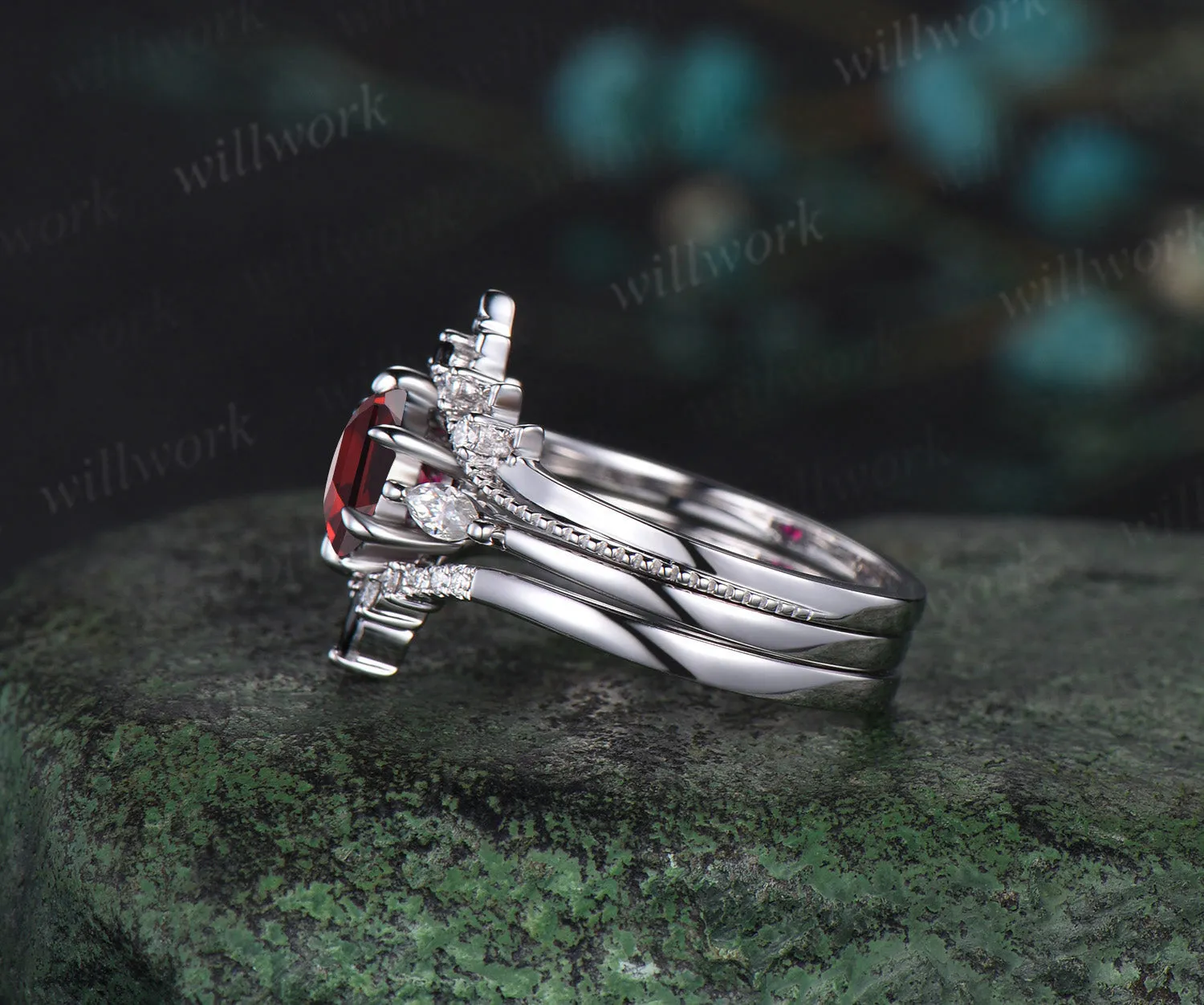 Hexagon cut red garnet engagement ring solid 14k white gold 6 prong vintage moissanite wedding bridal ring set women gemstone jewelry three stone sold by Willwork Jewelry product image thumbnail 4