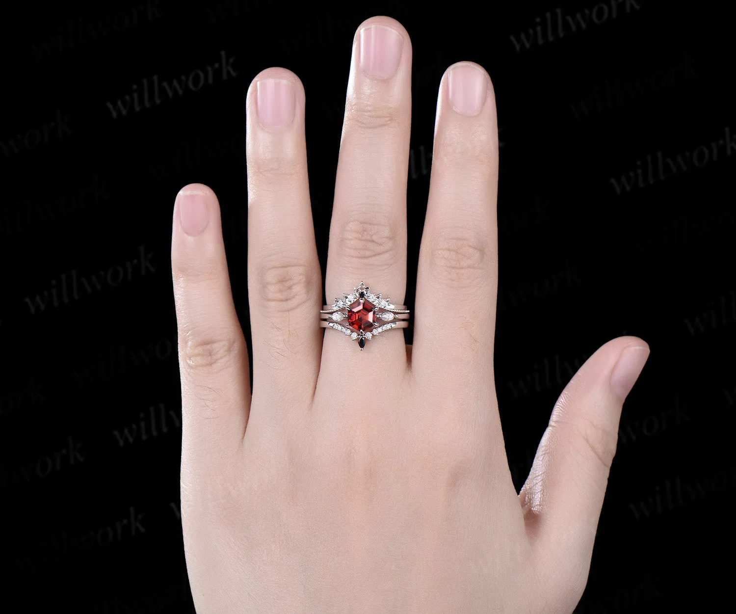 Hexagon cut red garnet engagement ring solid 14k white gold 6 prong vintage moissanite wedding bridal ring set women gemstone jewelry three stone sold by Willwork Jewelry product image thumbnail 2