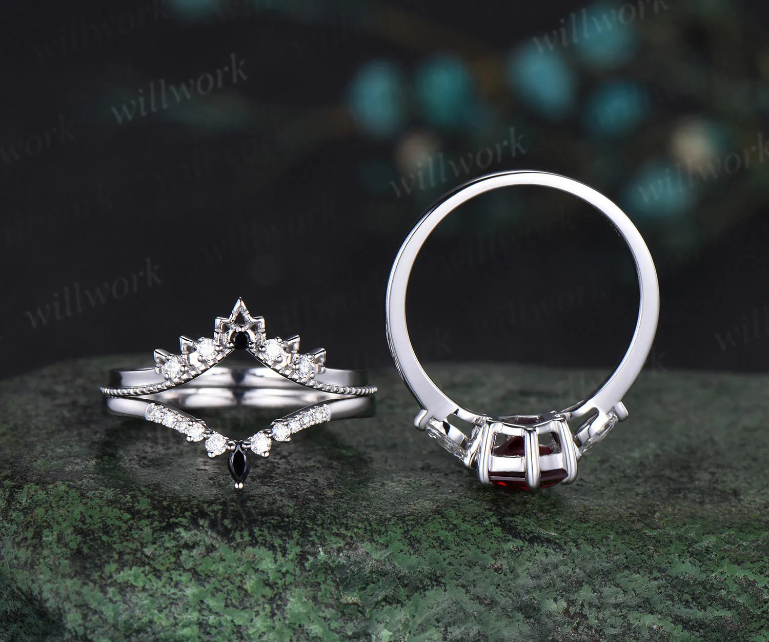 Hexagon cut red garnet engagement ring solid 14k white gold 6 prong vintage moissanite wedding bridal ring set women gemstone jewelry three stone sold by Willwork Jewelry product image thumbnail 5