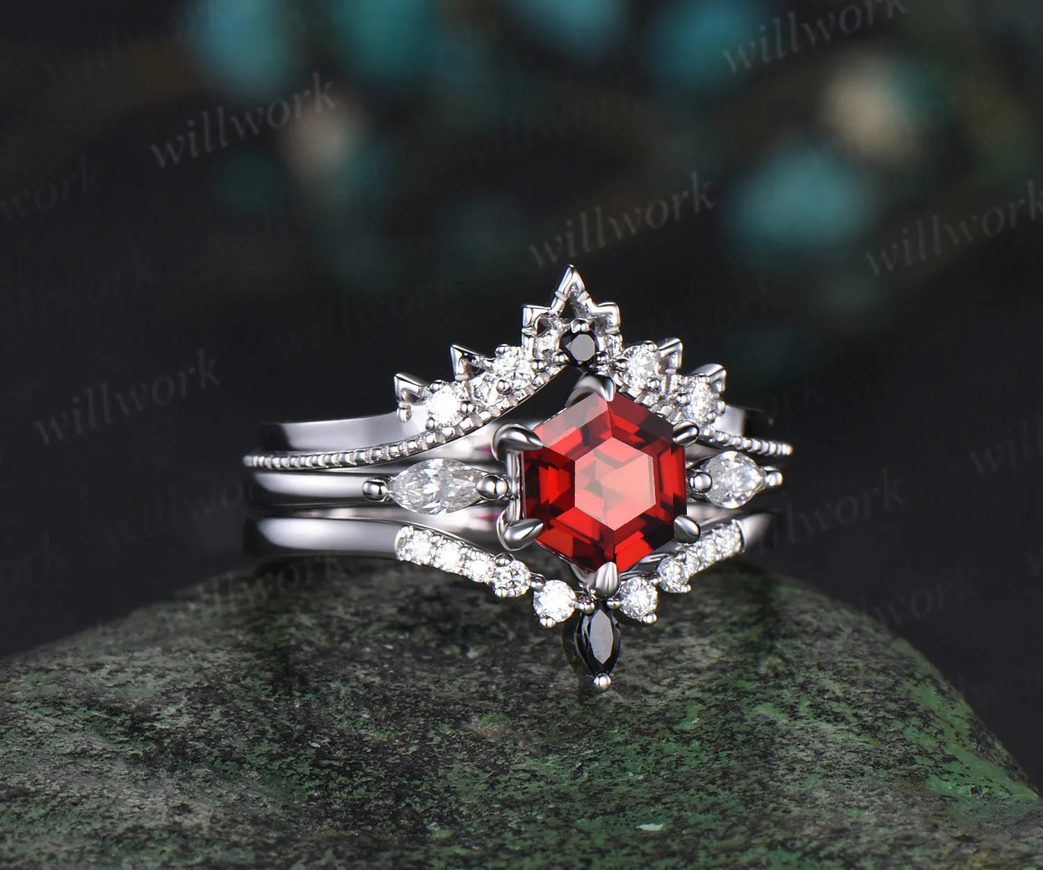 Hexagon cut red garnet engagement ring solid 14k white gold 6 prong vintage moissanite wedding bridal ring set women gemstone jewelry three stone sold by Willwork Jewelry product image thumbnail 3