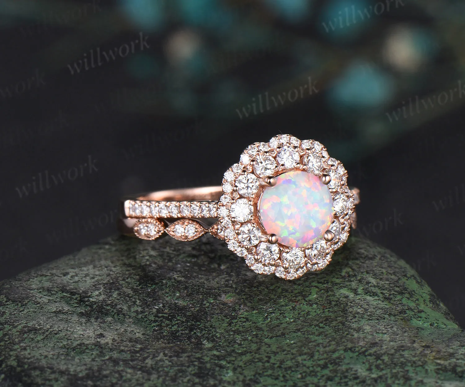 Round white opal engagement ring double halo moissanite solid 14k rose gold half eternity unique wedding bridal ring set sold by Willwork Jewelry product image thumbnail 3
