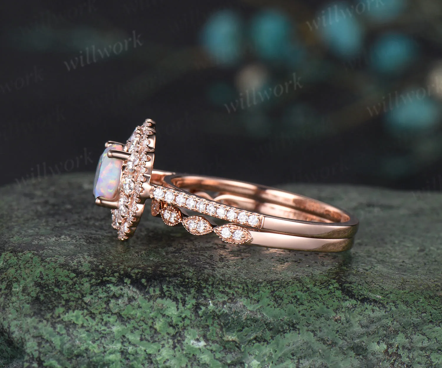 Round white opal engagement ring double halo moissanite solid 14k rose gold half eternity unique wedding bridal ring set sold by Willwork Jewelry product image thumbnail 4