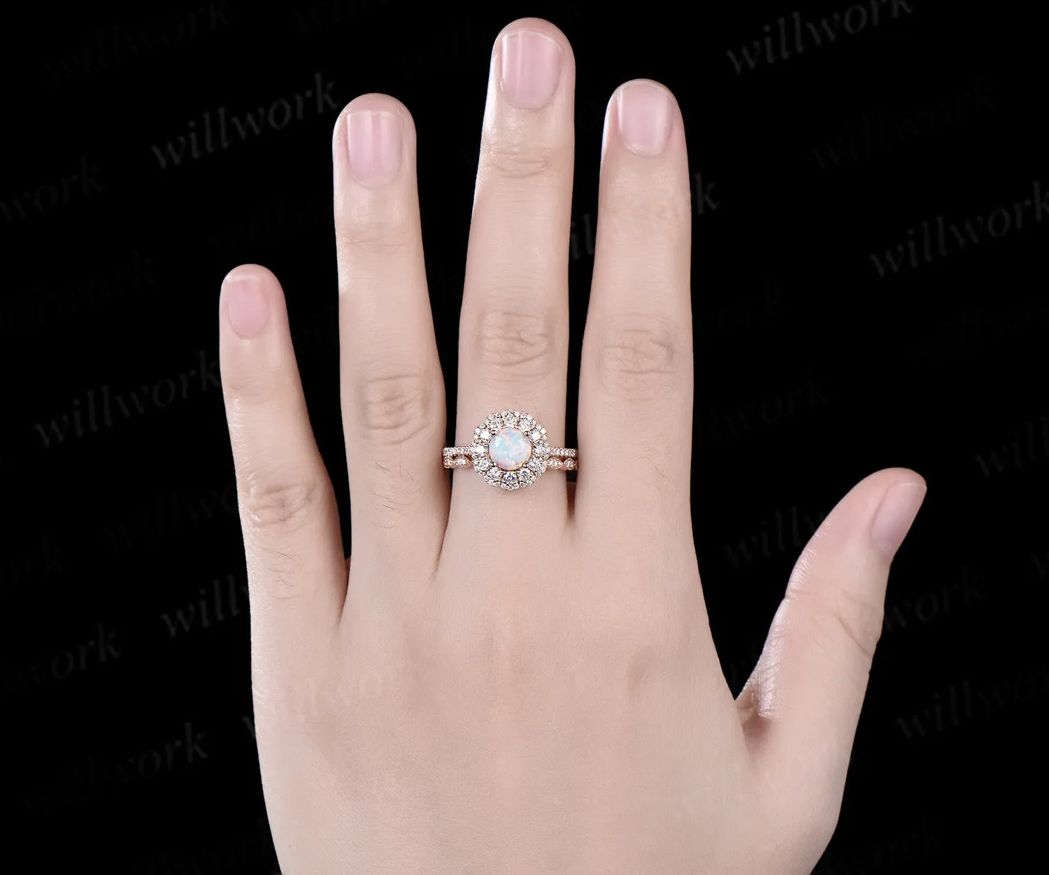 Round white opal engagement ring double halo moissanite solid 14k rose gold half eternity unique wedding bridal ring set sold by Willwork Jewelry product image thumbnail 2