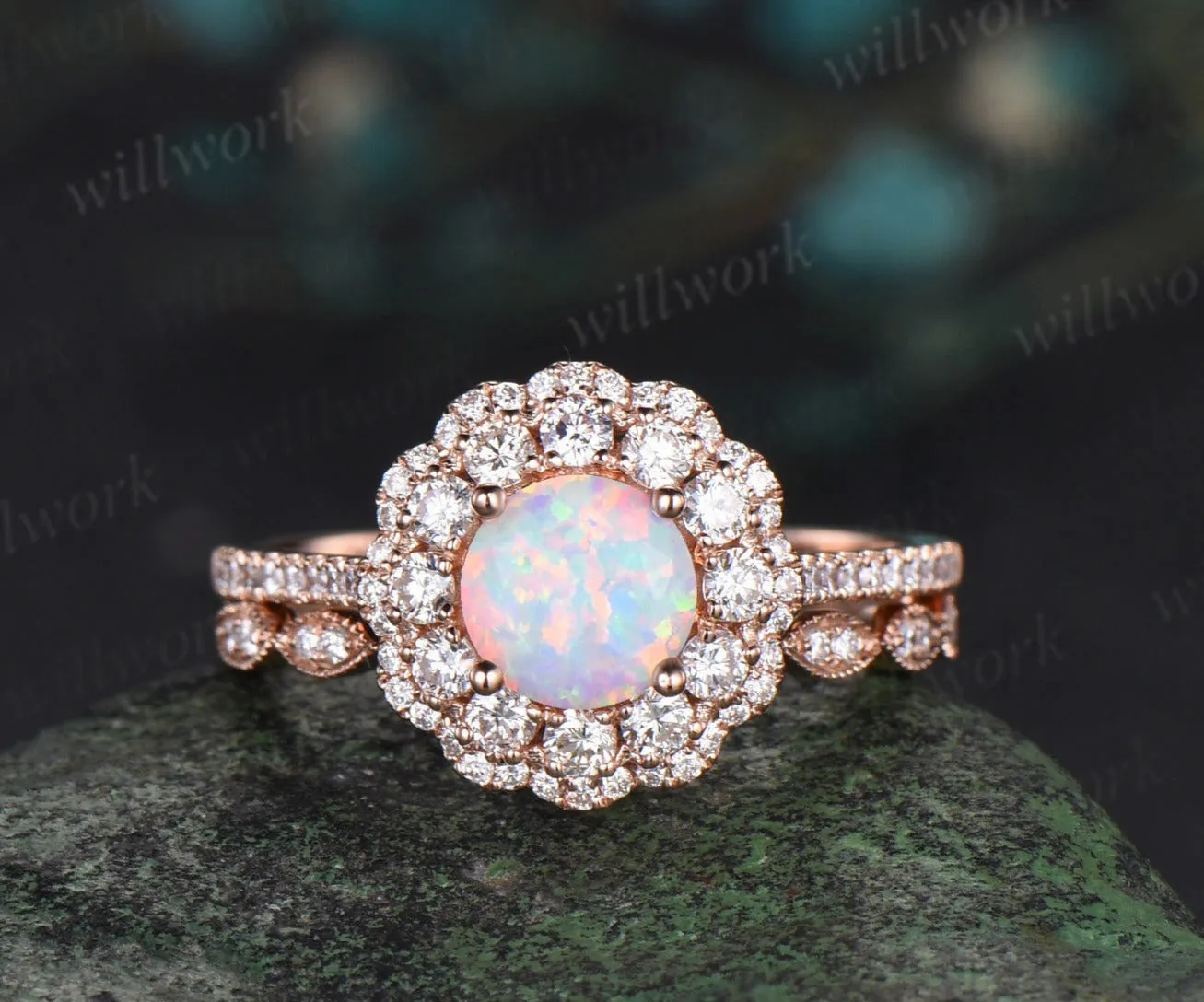Round white opal engagement ring double halo moissanite solid 14k rose gold half eternity unique wedding bridal ring set sold by Willwork Jewelry