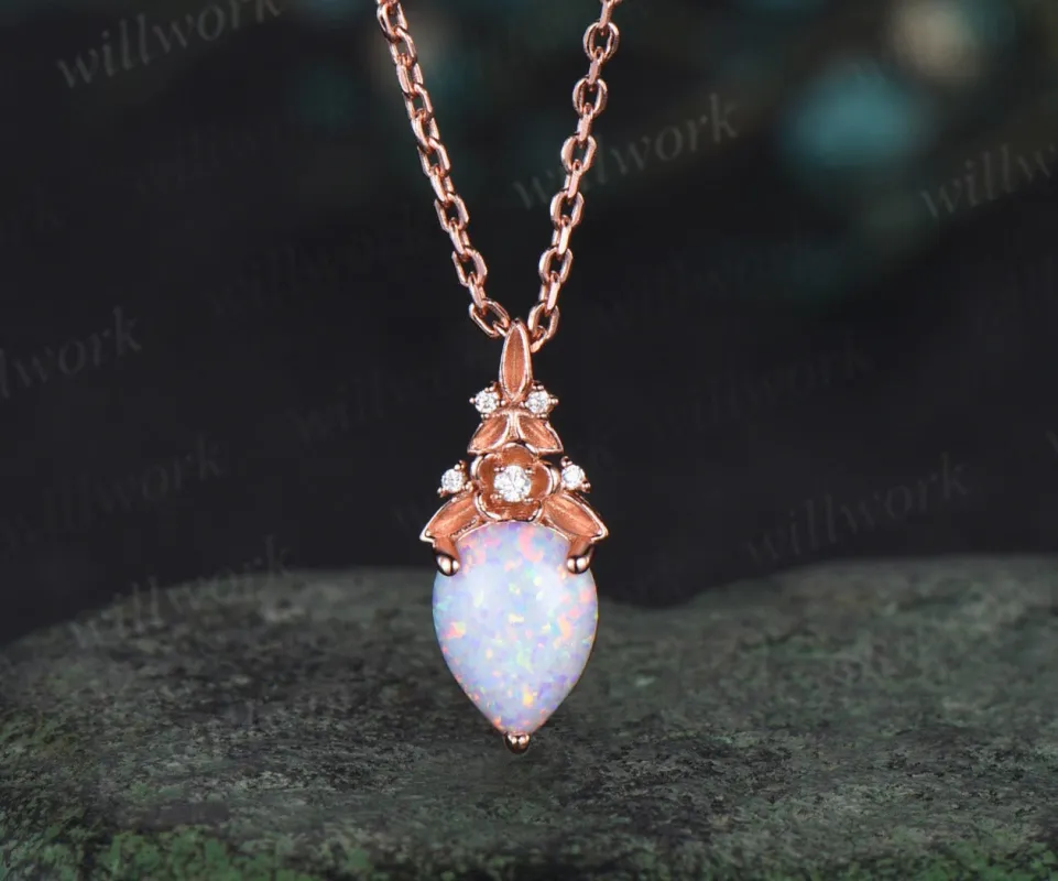 Vintage pear white gold necklace solid 14k 18k rose gold Floral leaf diamond pendant women October birthstone anniversary gift jewelry sold by Willwork Jewelry
