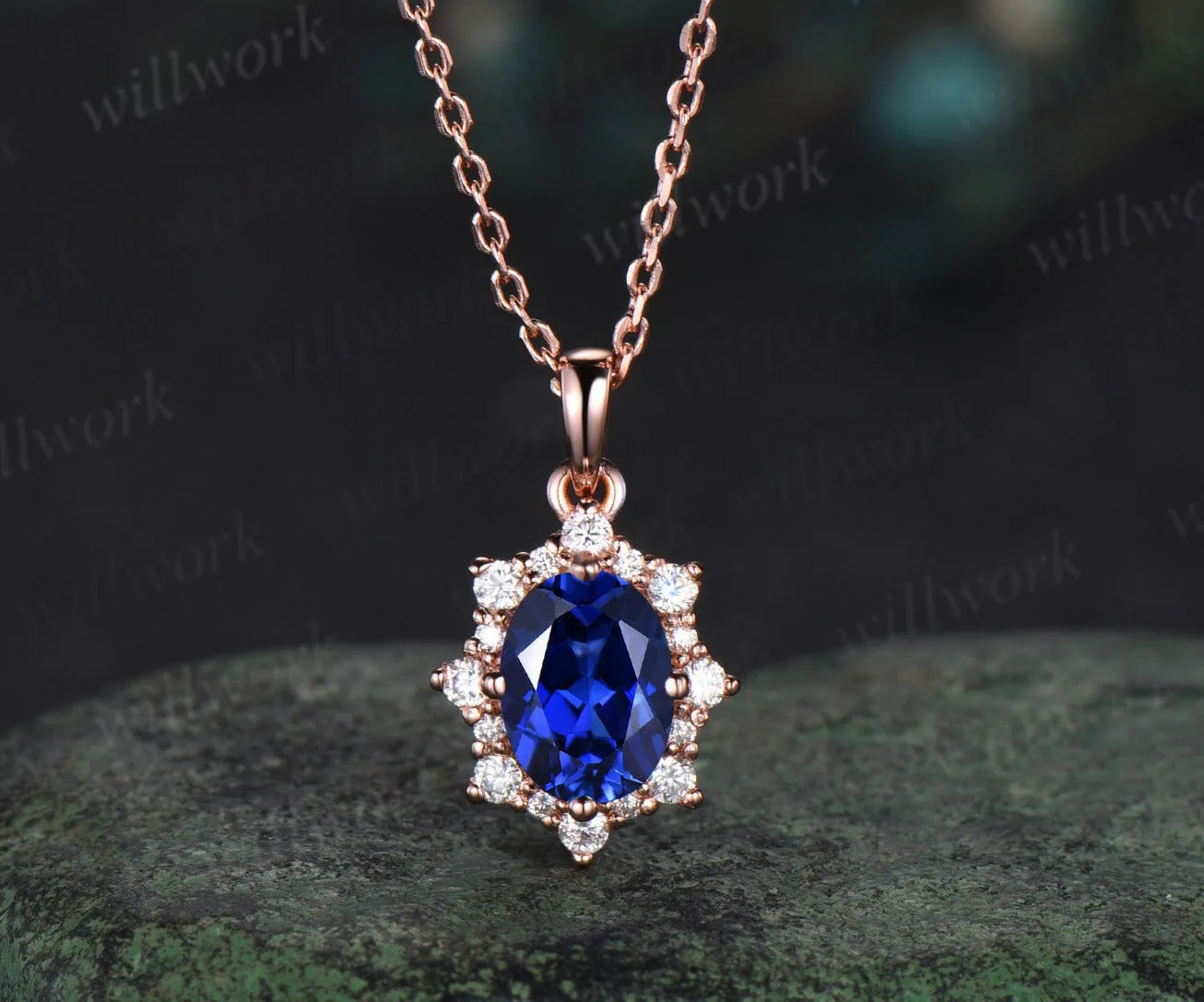 Vintage oval blue sapphire necklace solid 14k 18k rose gold halo snowdrift diamond pendant women September birthstone anniversary gift jewelry sold by Willwork Jewelry