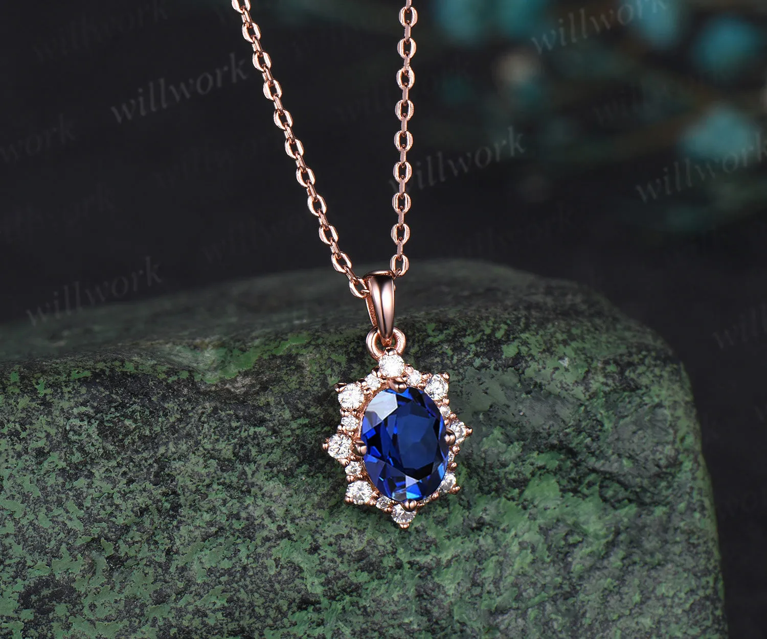 Vintage oval blue sapphire necklace solid 14k 18k rose gold halo snowdrift diamond pendant women September birthstone anniversary gift jewelry sold by Willwork Jewelry product image thumbnail 3