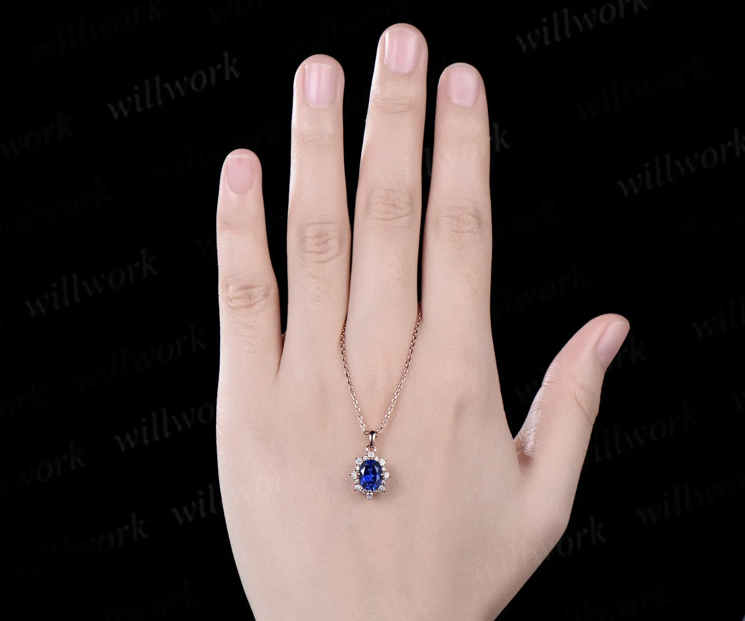 Vintage oval blue sapphire necklace solid 14k 18k rose gold halo snowdrift diamond pendant women September birthstone anniversary gift jewelry sold by Willwork Jewelry product image thumbnail 2