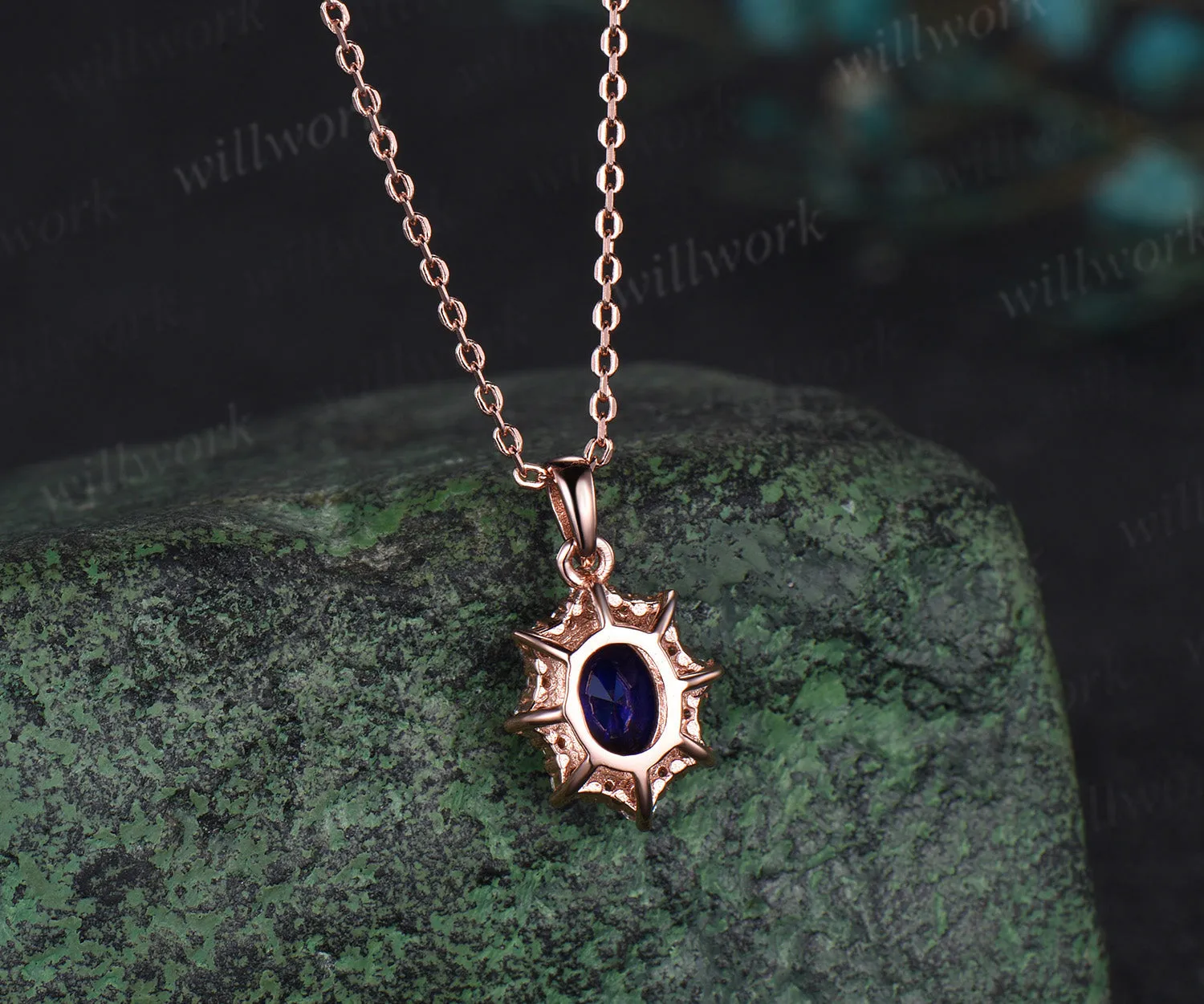 Vintage oval blue sapphire necklace solid 14k 18k rose gold halo snowdrift diamond pendant women September birthstone anniversary gift jewelry sold by Willwork Jewelry product image thumbnail 4