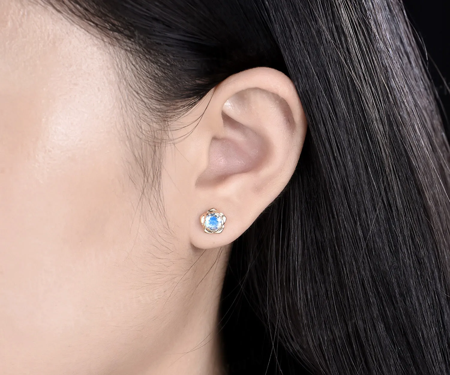 Round cut natural moonstone stud earrings 14k yellow gold Floral flower 5 prong art deco pierced earrings anniversary gift for women sold by Willwork Jewelry product image thumbnail 2
