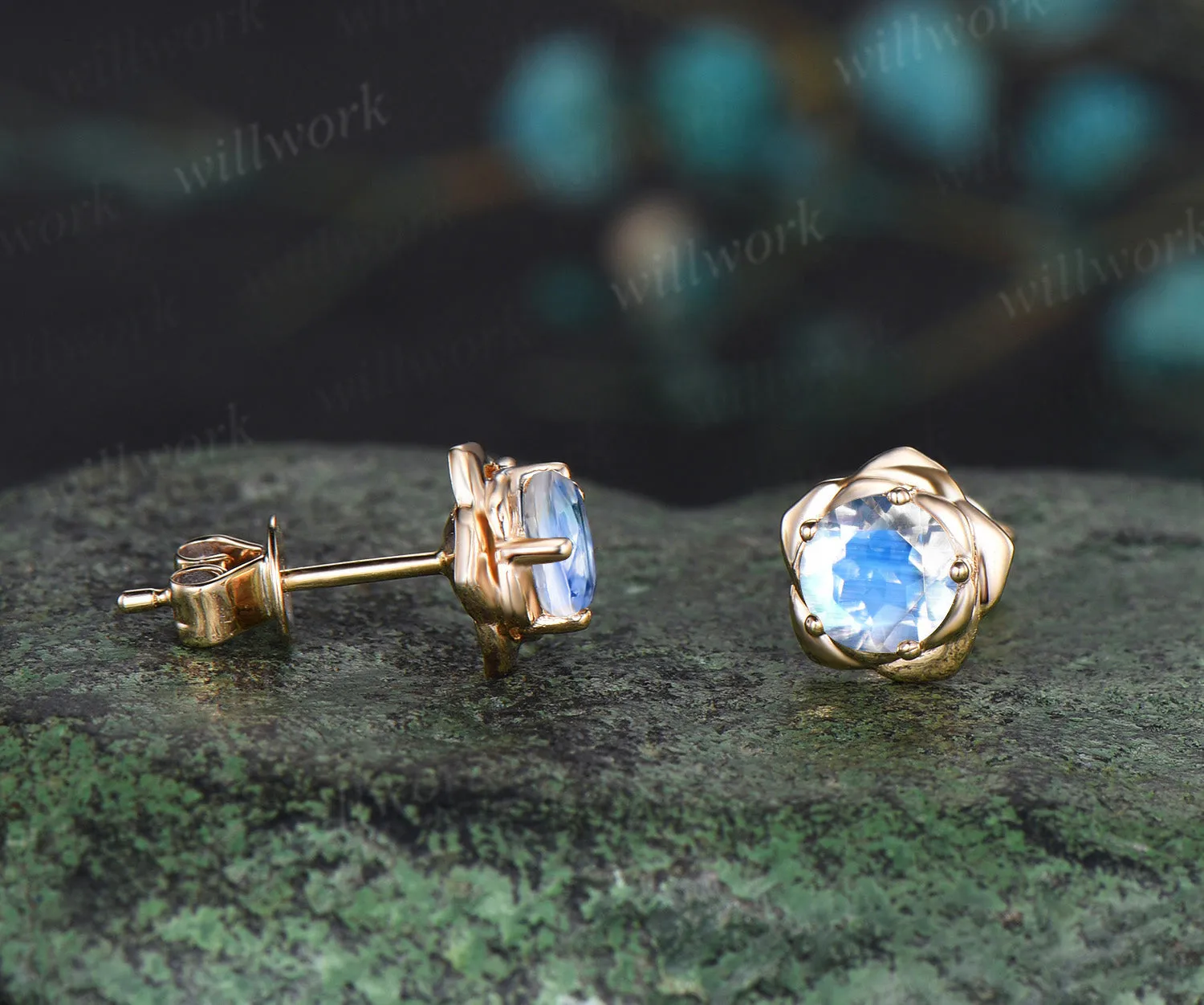 Round cut natural moonstone stud earrings 14k yellow gold Floral flower 5 prong art deco pierced earrings anniversary gift for women sold by Willwork Jewelry product image thumbnail 4