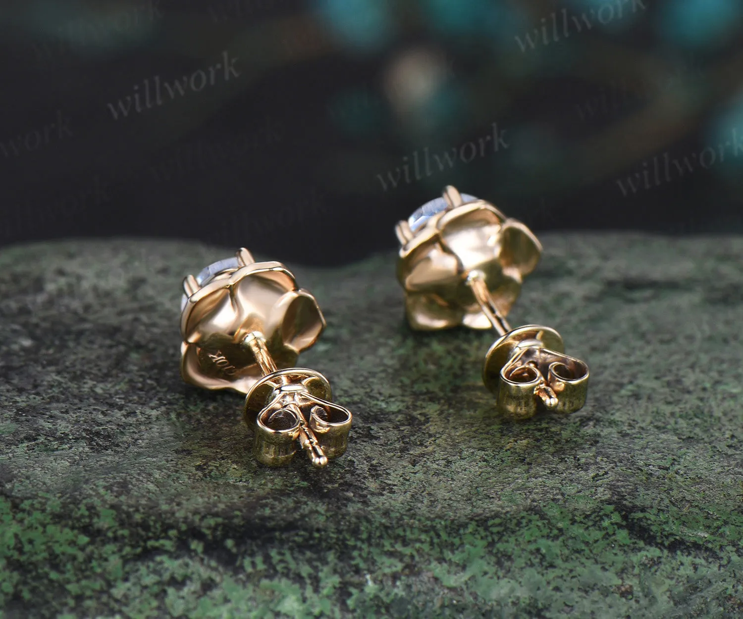 Round cut natural moonstone stud earrings 14k yellow gold Floral flower 5 prong art deco pierced earrings anniversary gift for women sold by Willwork Jewelry product image thumbnail 5