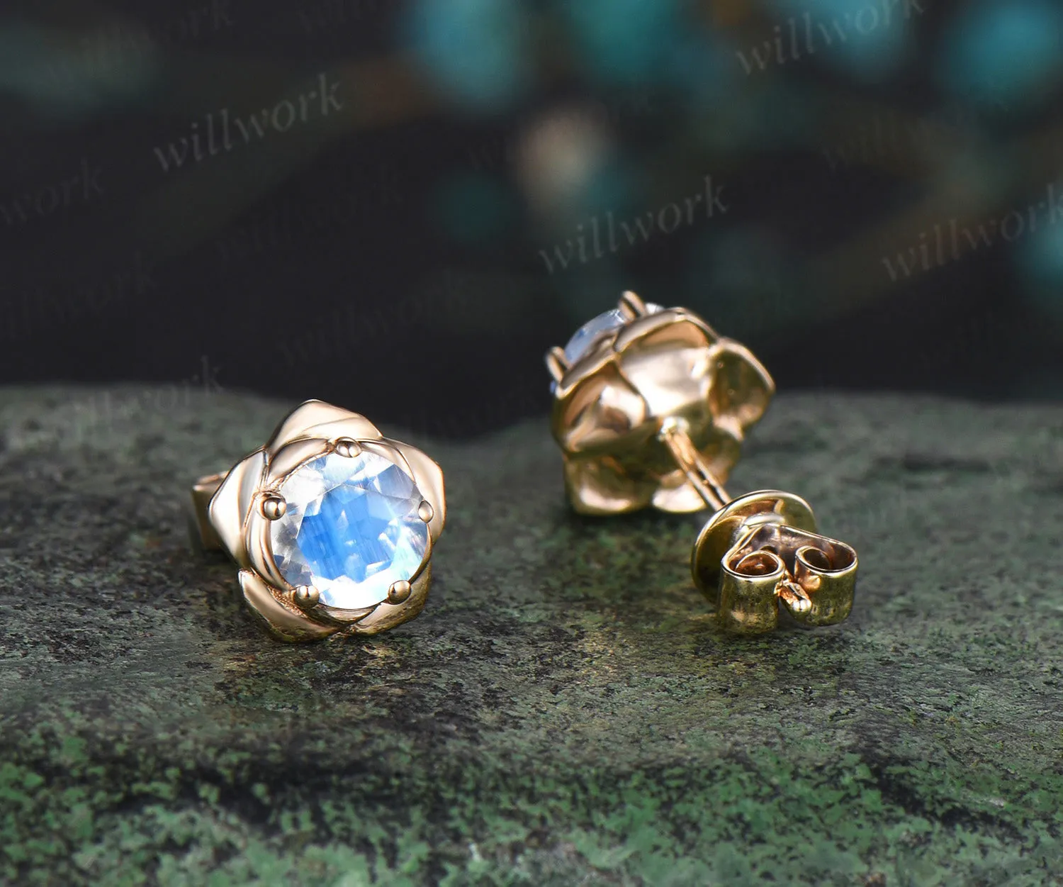 Round cut natural moonstone stud earrings 14k yellow gold Floral flower 5 prong art deco pierced earrings anniversary gift for women sold by Willwork Jewelry product image thumbnail 3