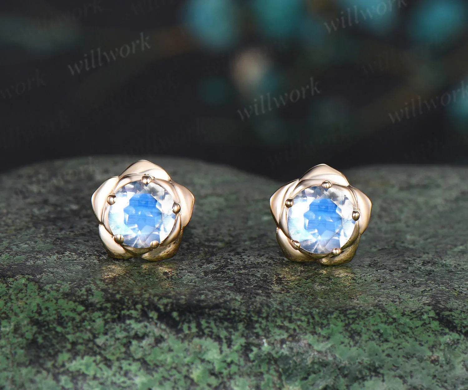 Round cut natural moonstone stud earrings 14k yellow gold Floral flower 5 prong art deco pierced earrings anniversary gift for women sold by Willwork Jewelry