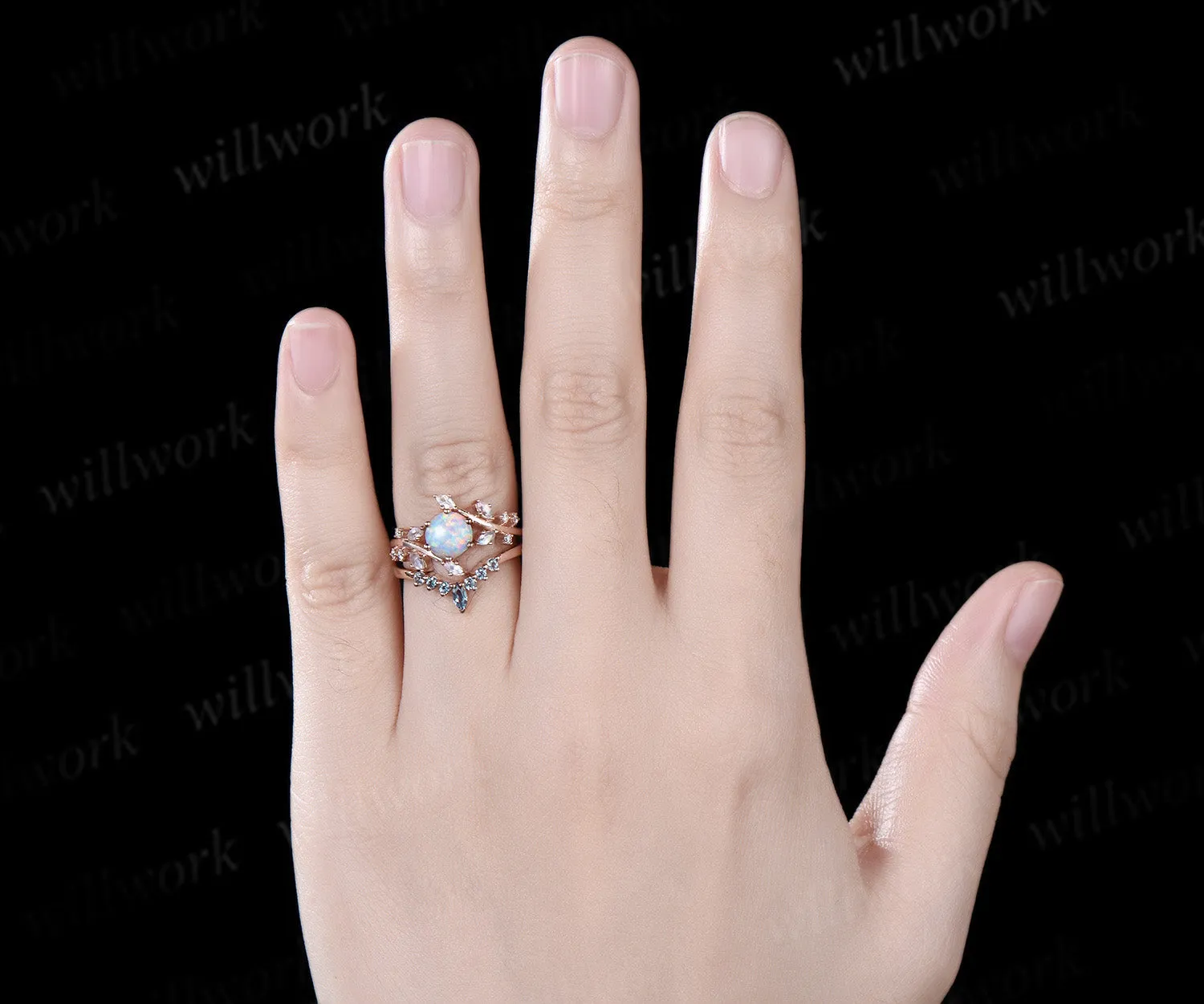 Round white opal engagement ring 14k rose gold twisted art deco cluster moonstone alexandrite bridal wedding ring set women sold by Willwork Jewelry product image thumbnail 2