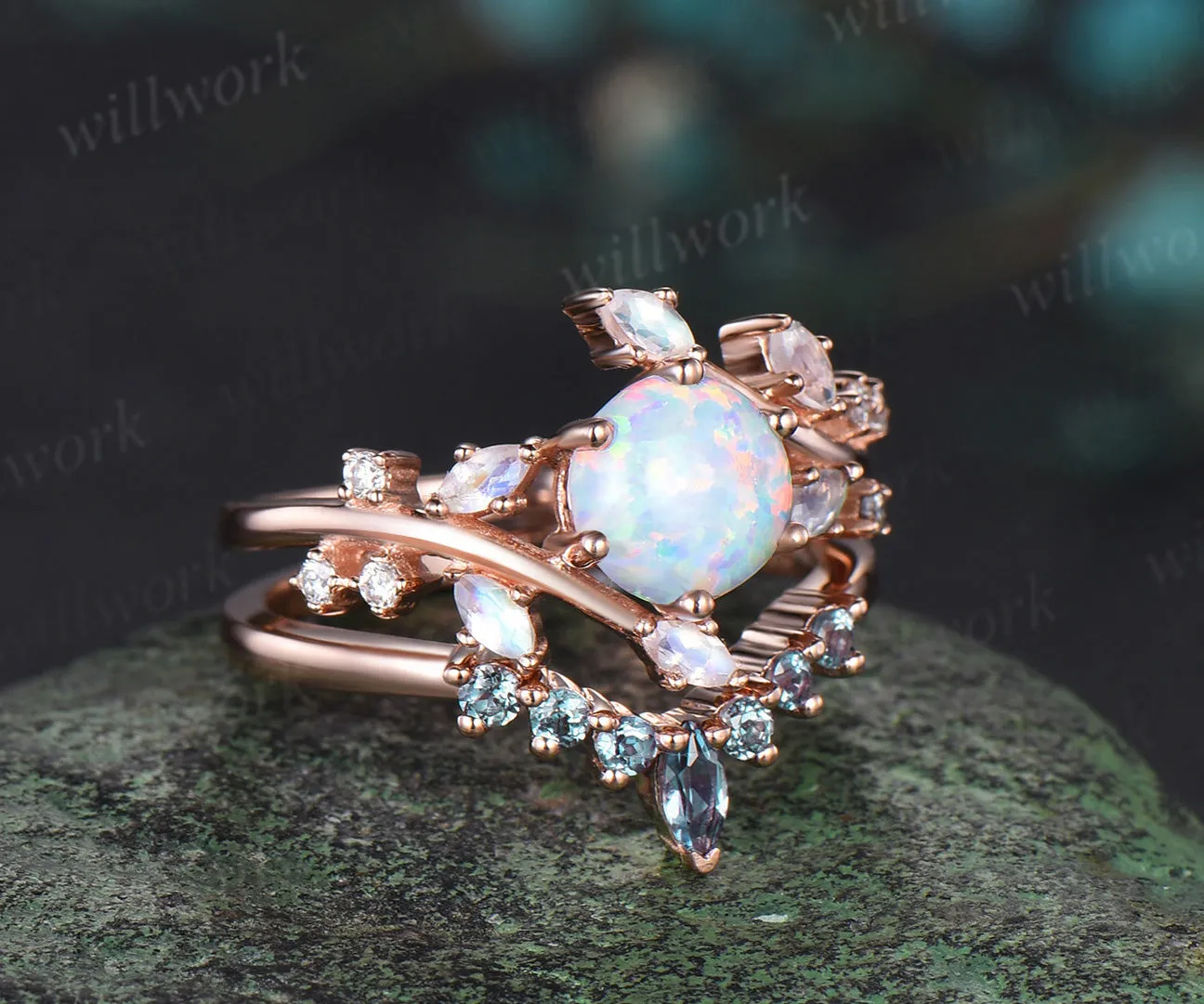 Round white opal engagement ring 14k rose gold twisted art deco cluster moonstone alexandrite bridal wedding ring set women sold by Willwork Jewelry product image thumbnail 3