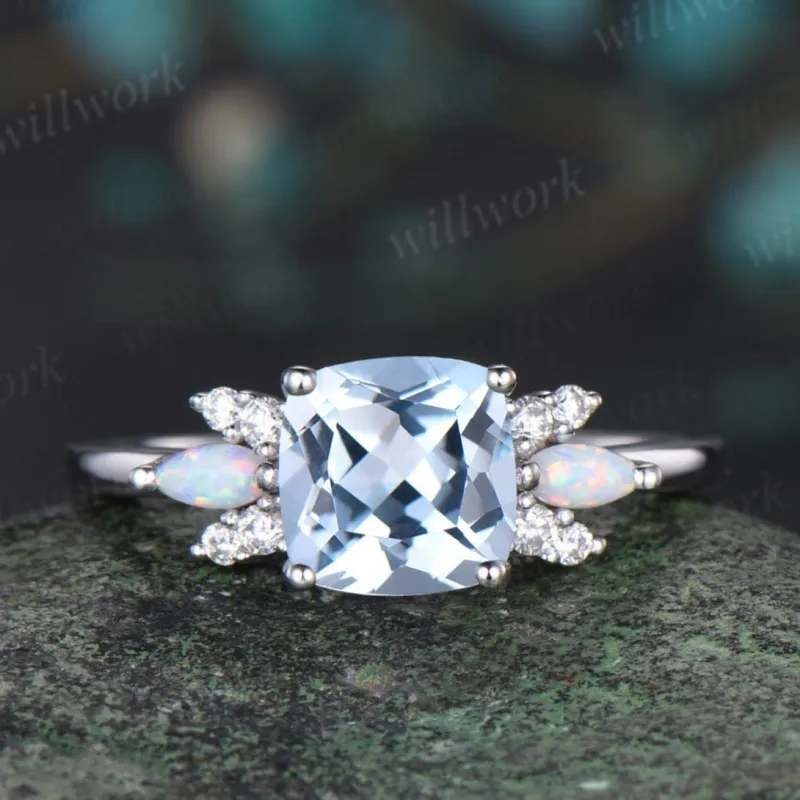 Cushion cut natural aquamarine engagement ring solid 14k white gold opal diamond ring unique March birthstone wedding promise ring women made by Willwork Jewelry