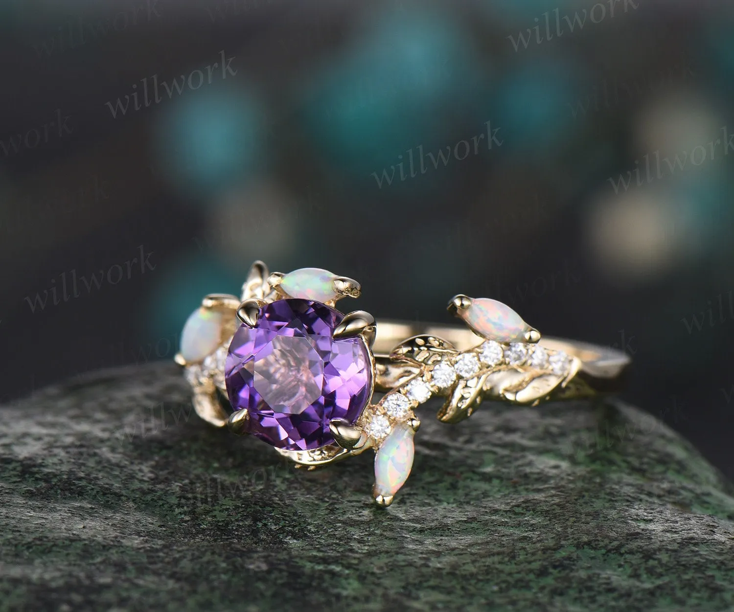 Vintage round amethyst engagement ring yellow gold leaf nature inspired branch half eternity diamond opal wedding anniversary ring women sold by Willwork Jewelry product image thumbnail 4
