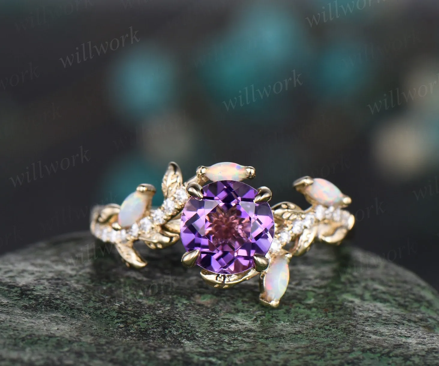 Vintage round amethyst engagement ring yellow gold leaf nature inspired branch half eternity diamond opal wedding anniversary ring women sold by Willwork Jewelry
