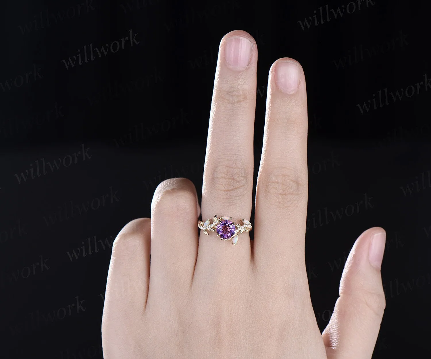 Vintage round amethyst engagement ring yellow gold leaf nature inspired branch half eternity diamond opal wedding anniversary ring women sold by Willwork Jewelry product image thumbnail 3