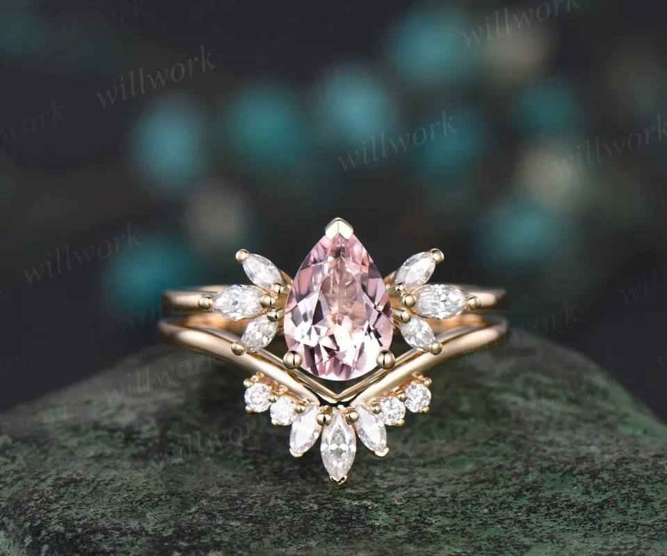 Vintage pear shaped pink morganite engagement ring solid 14k 18k yellow gold marquise cut diamond bridal wedding ring set women jewelry sold by Willwork Jewelry