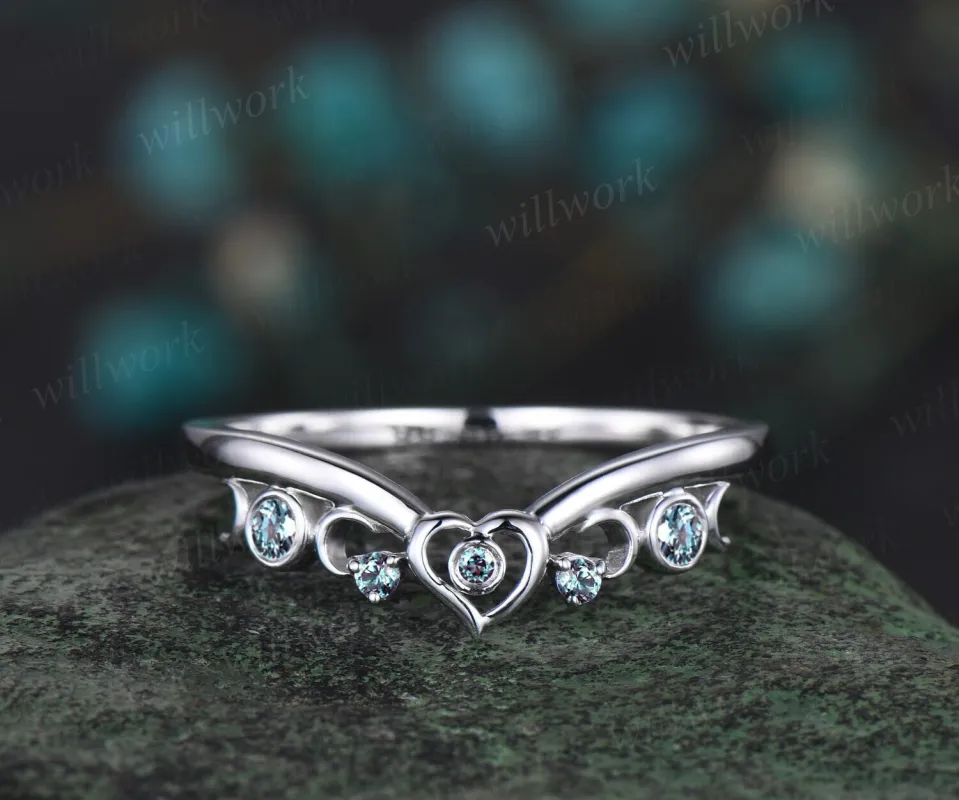 Heart moon bezel alexandrite wedding band solid 14k white gold vintage stacking wedding ring women unique anniversary bridal ring gift sold by Willwork Jewelry