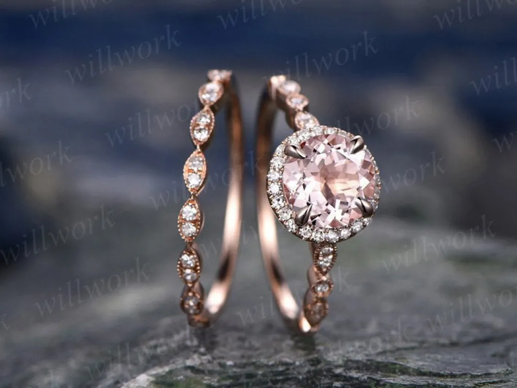 Morganite engagement ring set solid 14k rose gold handmade diamond halo ring 2pc stacking round marquise wedding promise anniversary ring made by Willwork Jewelry
