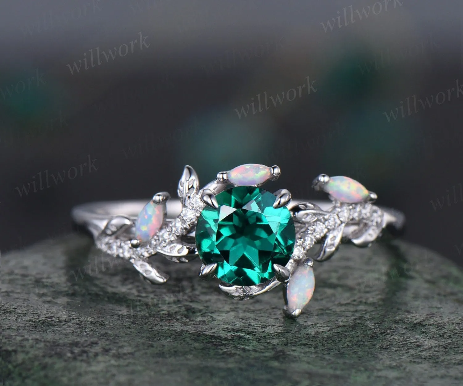 Vintage round emerald engagement ring yellow gold leaf nature inspired branch half eternity diamond ring opal wedding anniversary ring women sold by Willwork Jewelry product image thumbnail 4