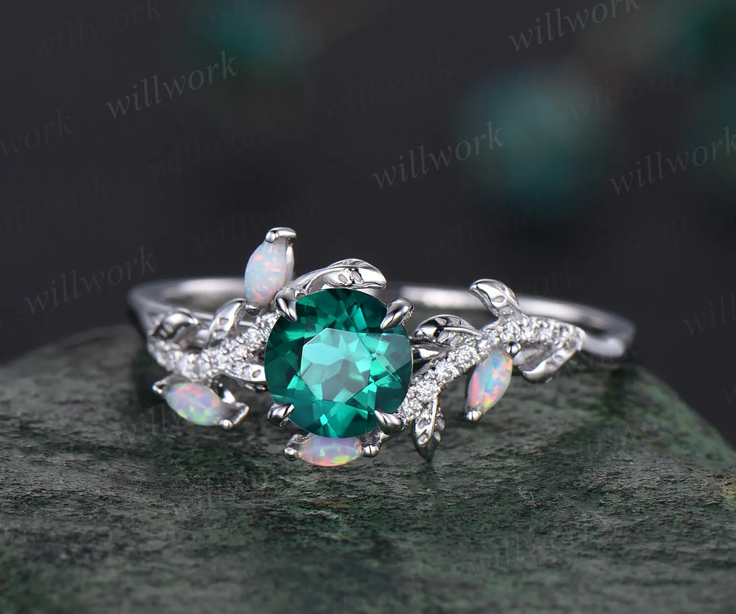 Vintage round emerald engagement ring yellow gold leaf nature inspired branch half eternity diamond ring opal wedding anniversary ring women sold by Willwork Jewelry product image thumbnail 5