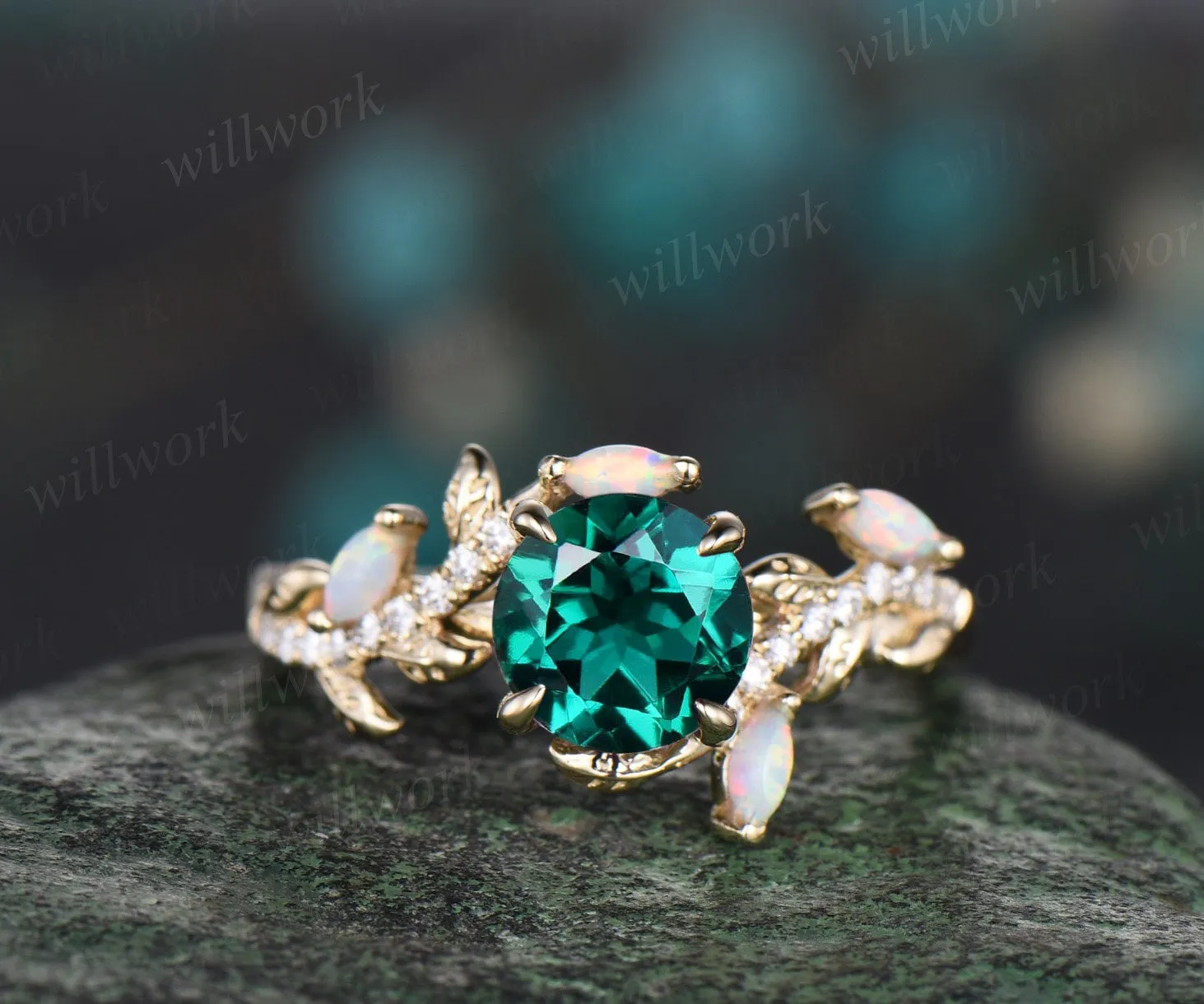 Vintage round emerald engagement ring yellow gold leaf nature inspired branch half eternity diamond ring opal wedding anniversary ring women sold by Willwork Jewelry product image thumbnail 3